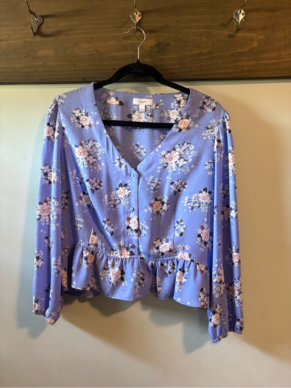 Large Candie's Lavender Floral Button-Front Peplum Blouse